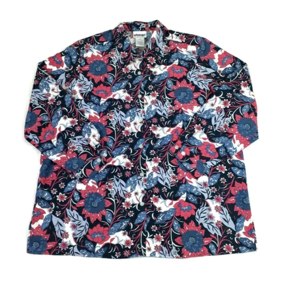 National Pink White Blue Floral Print Button Front Long Sleeve Blouse Women 22W - Picture 9 of 12